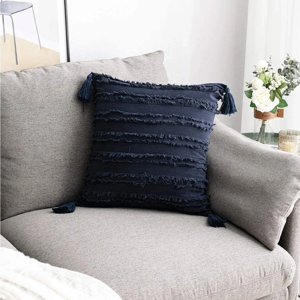 Luxury Home | Navy Blue Striped Frayed Jaquard Corner Tassel Throw Pillow Covers